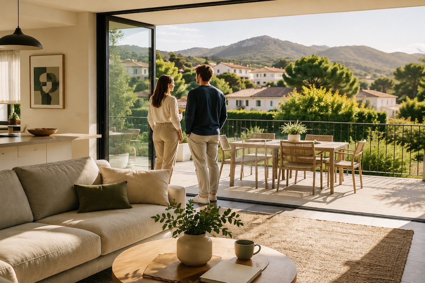 Un couple découvre le séjour et la terrasse d’une maison, face aux collines.
