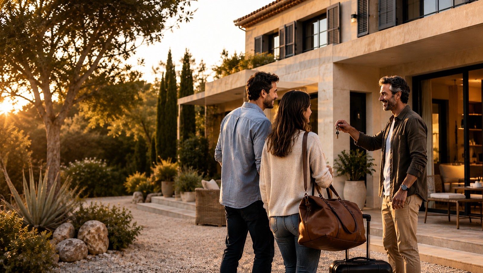 Un propriétaire remet les clés de sa maison à un couple qui arrive pour un séjour test.